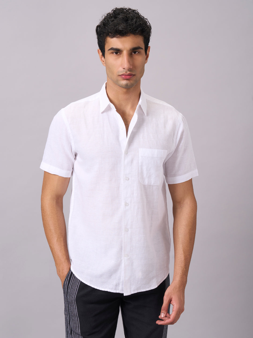 Men's White A Cotton Linen Regular Fit Shirt