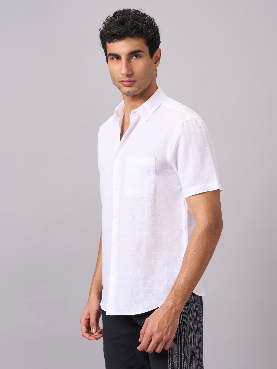 Men's White A Cotton Linen Regular Fit Shirt