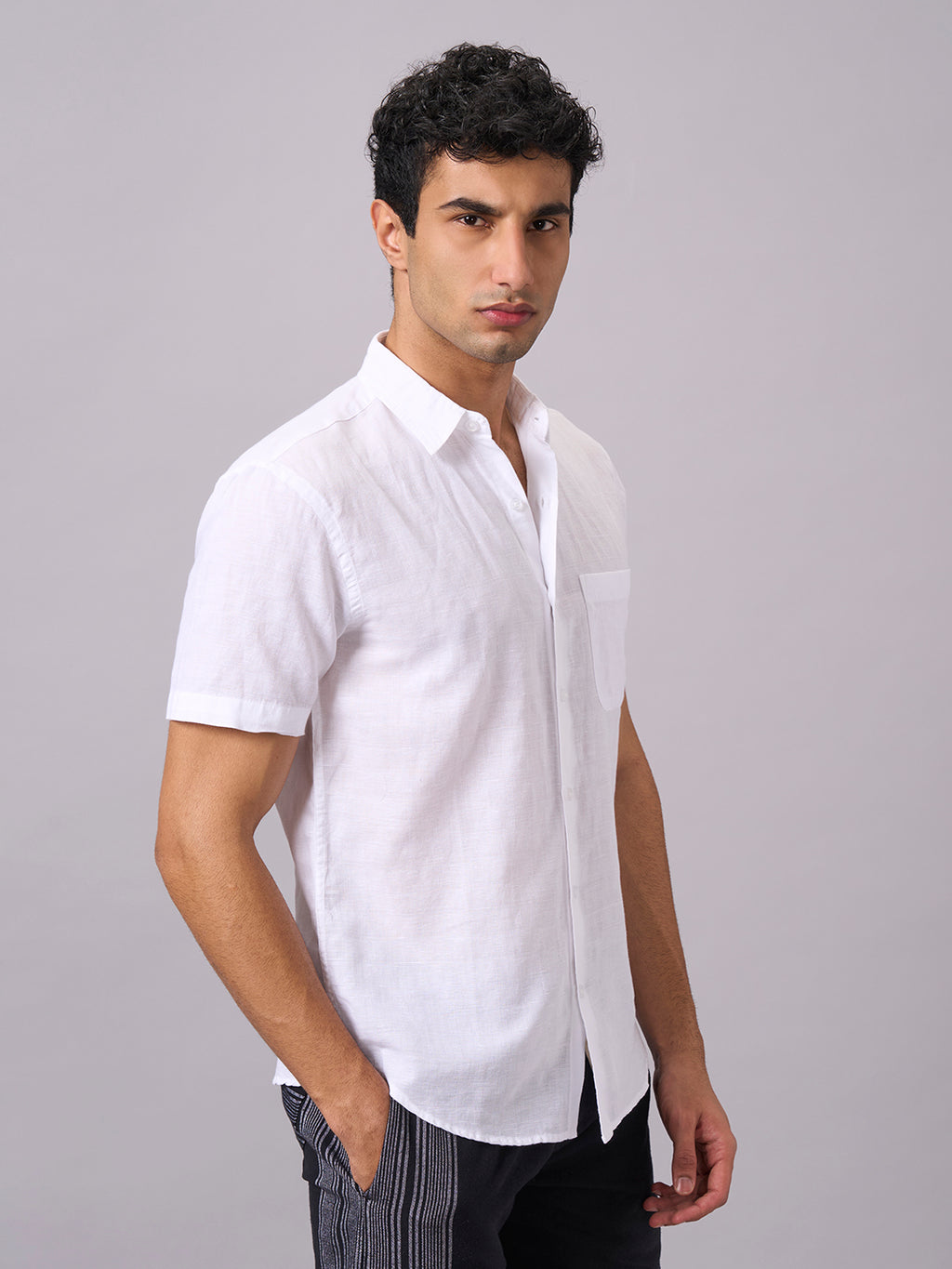 Men's White A Cotton Linen Regular Fit Shirt