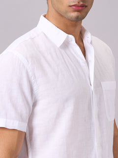 Men’s Cotton Linen Regular Fit Half Sleeve Shirt White
