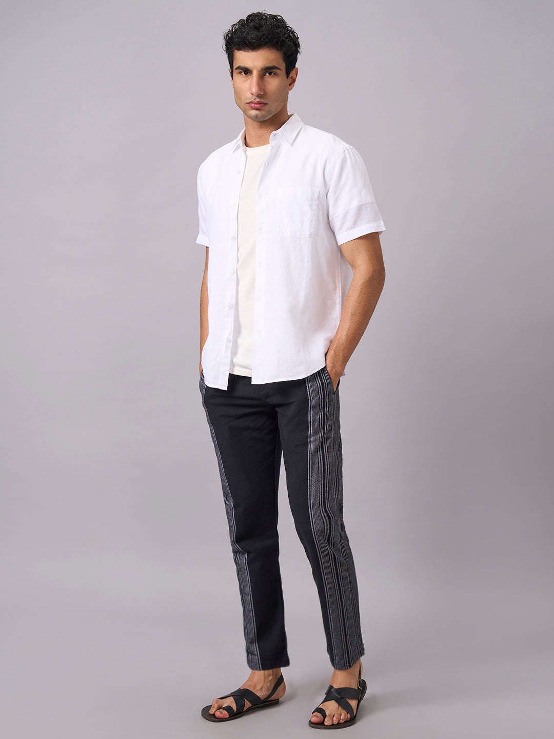 Men's White A Cotton Linen Regular Fit Shirt