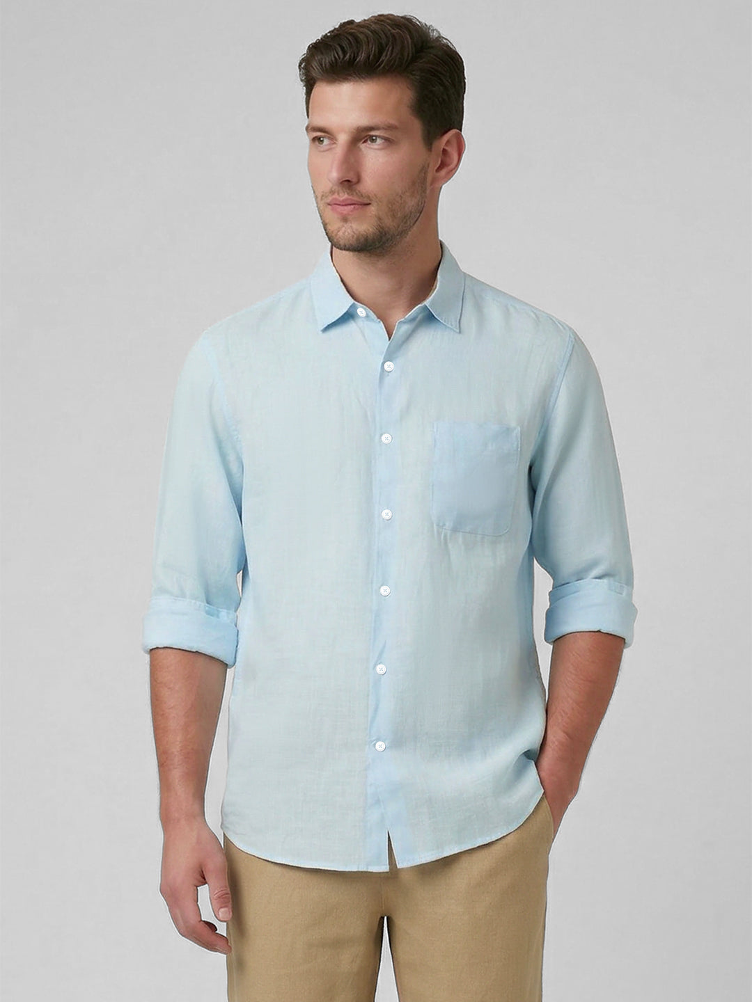 Men's Blue 100% Linen Regular Fit Shirt