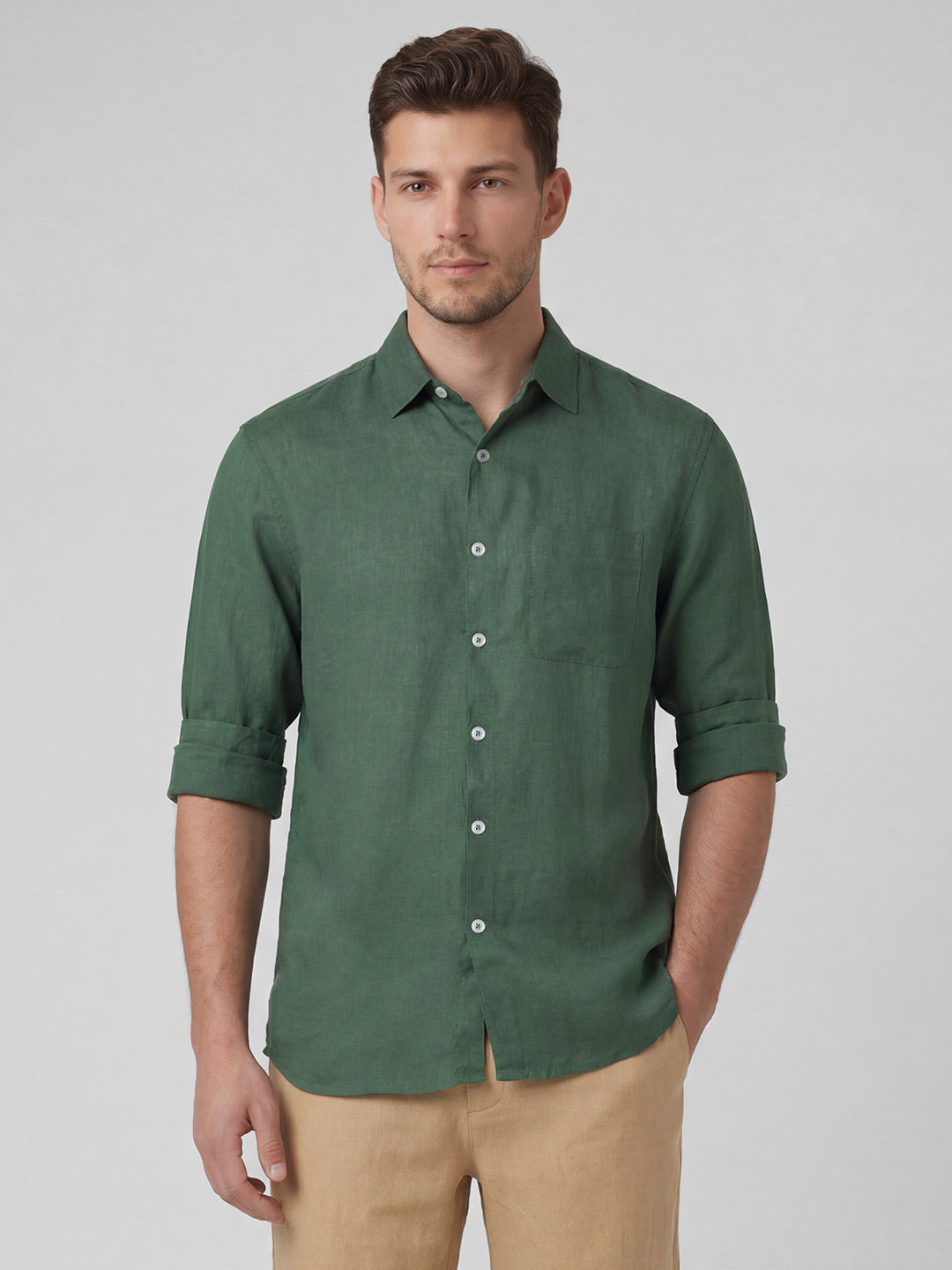 Men's Green 100% Linen Regular Fit Shirt
