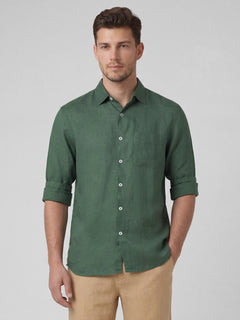 Men's 100% Linen Full Sleeves Regular Fit Shirt Green