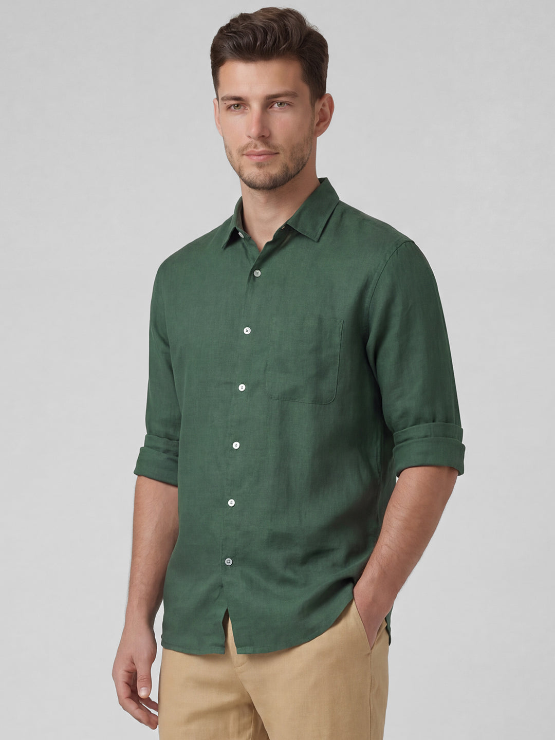 Men's Green 100% Linen Regular Fit Shirt