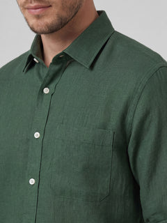 Men's 100% Linen Full Sleeves Regular Fit Shirt Green