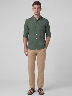 Men's 100% Linen Full Sleeves Regular Fit Shirt Green