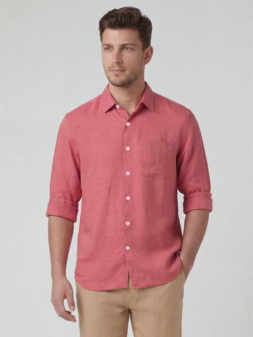 Men's Red 100% Linen Regular Fit Shirt