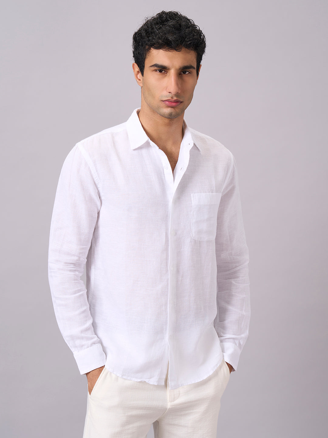 Men's White B Cotton Linen Regular Fit Shirt