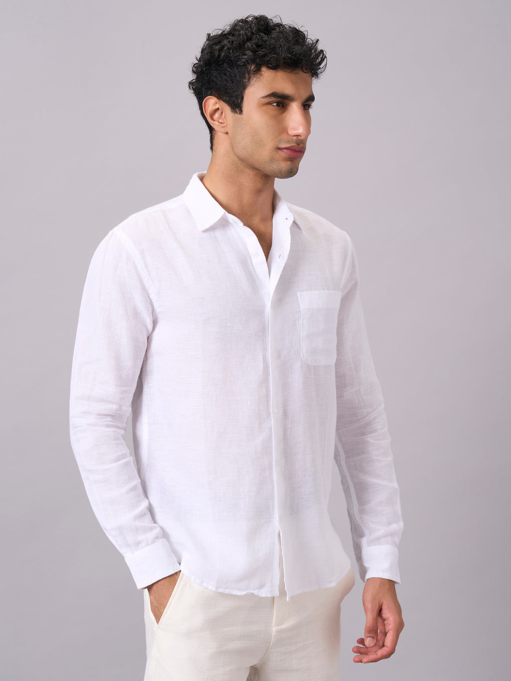 Men's White B Cotton Linen Regular Fit Shirt