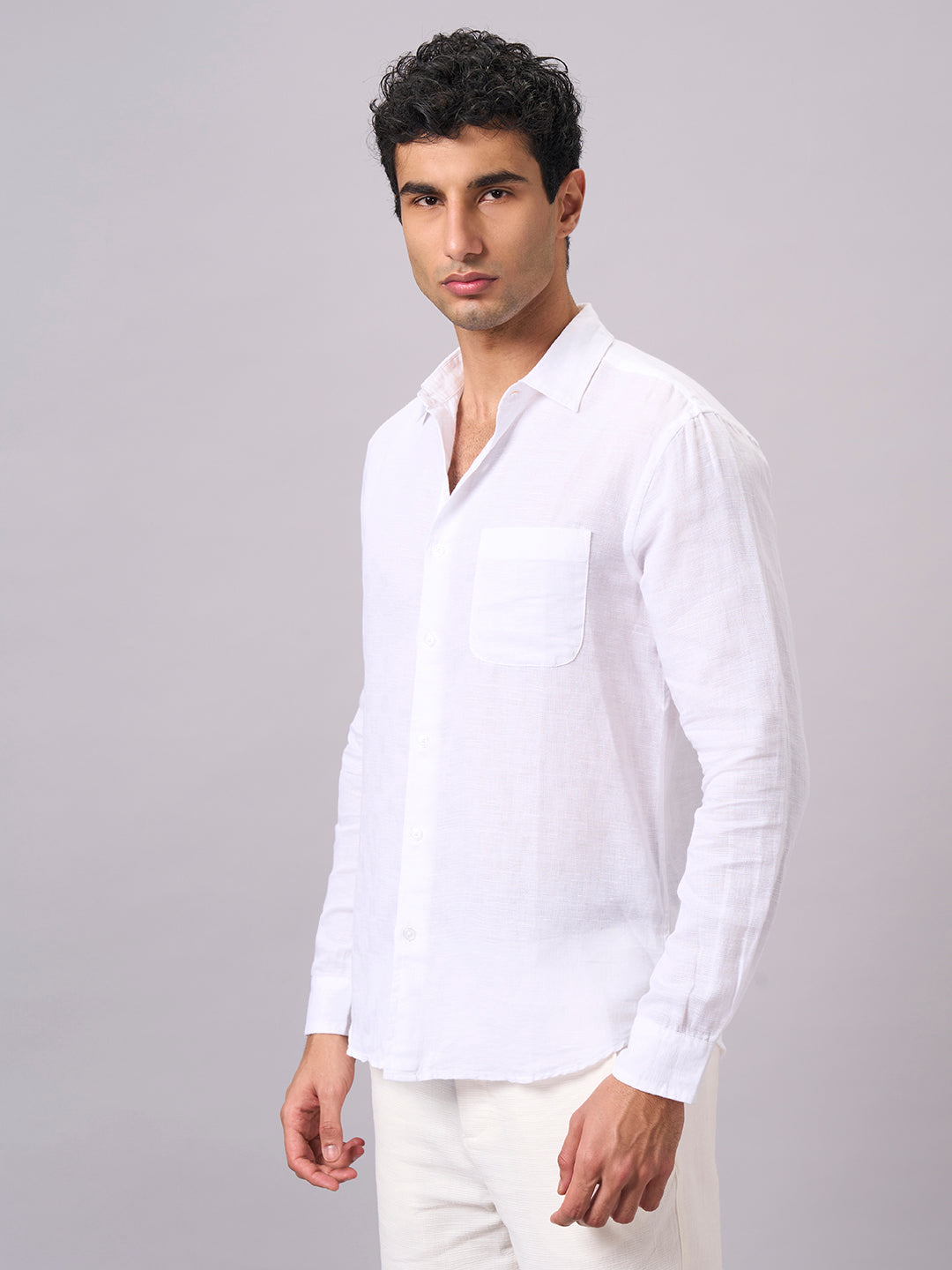 Men's White B Cotton Linen Regular Fit Shirt