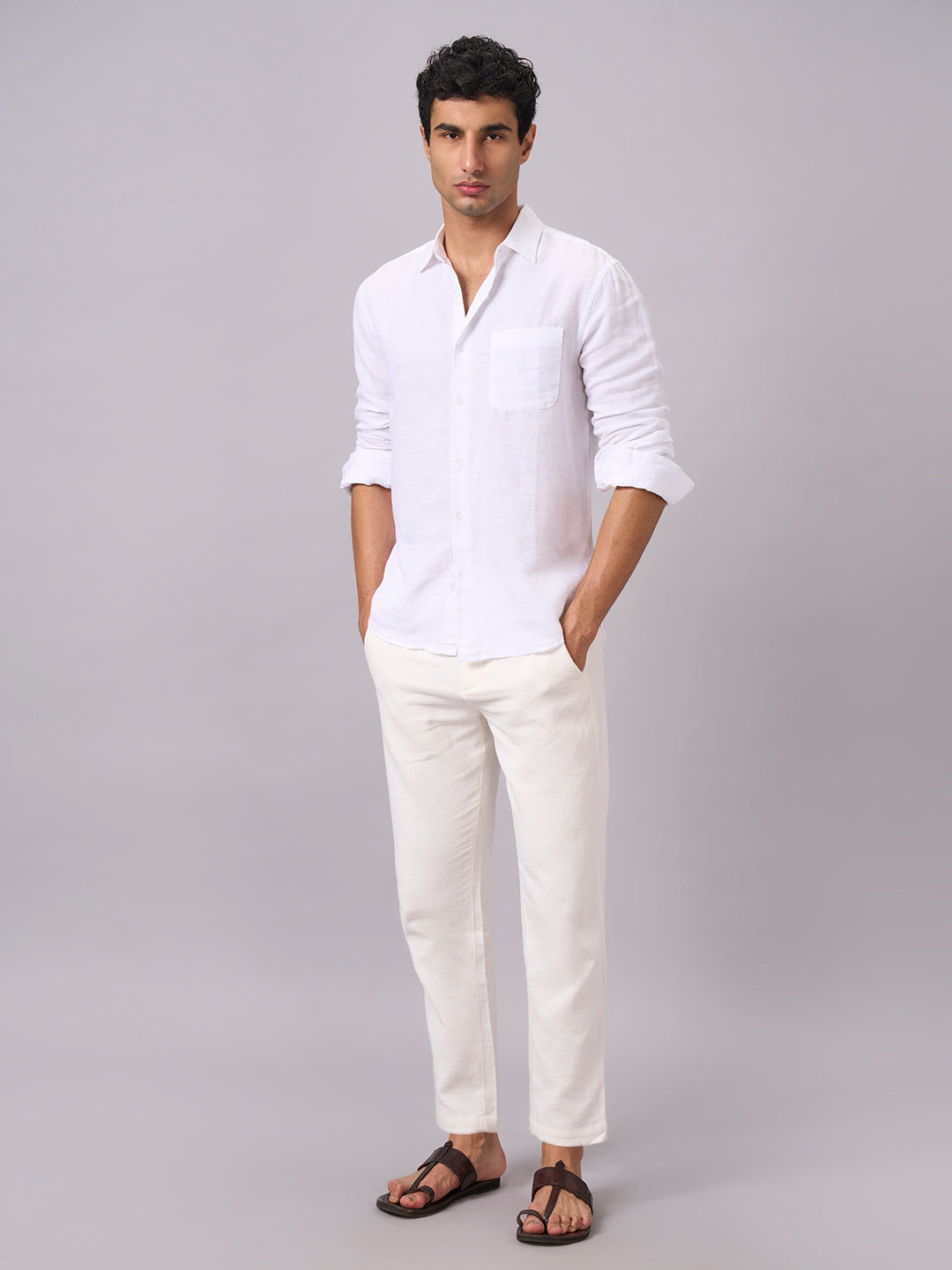 Men's White B Cotton Linen Regular Fit Shirt