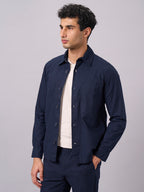 Men's Navy Cotton Linen Regular Fit Jacket