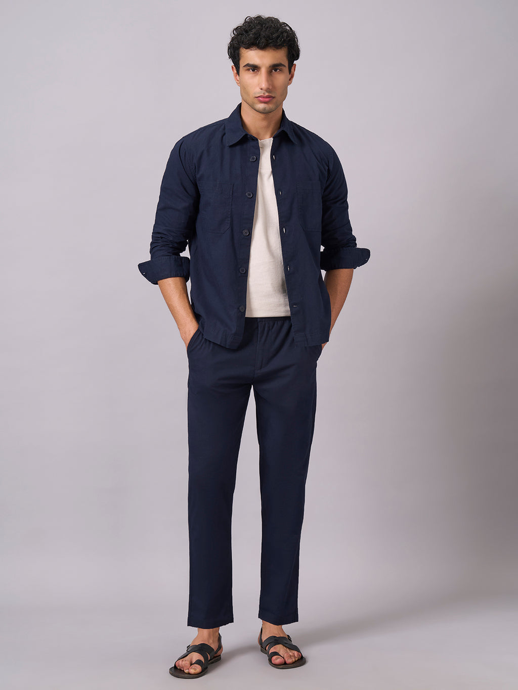 Men's Navy Cotton Linen Regular Fit Jacket