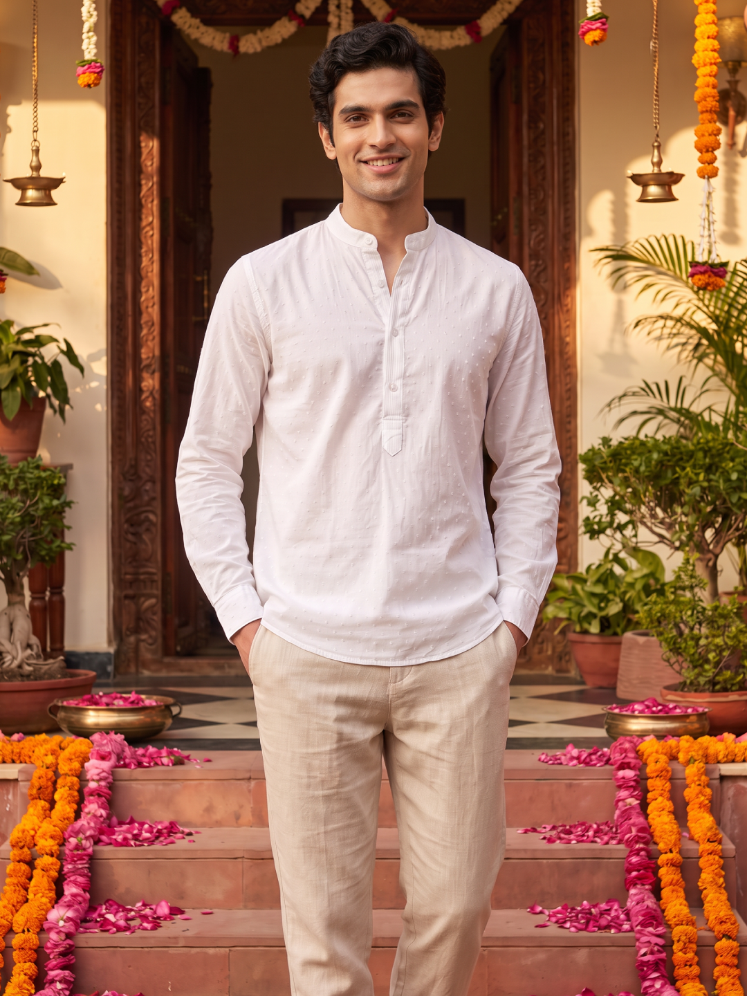 Men's White 100% Cotton Regular Fit Kurta Shirt