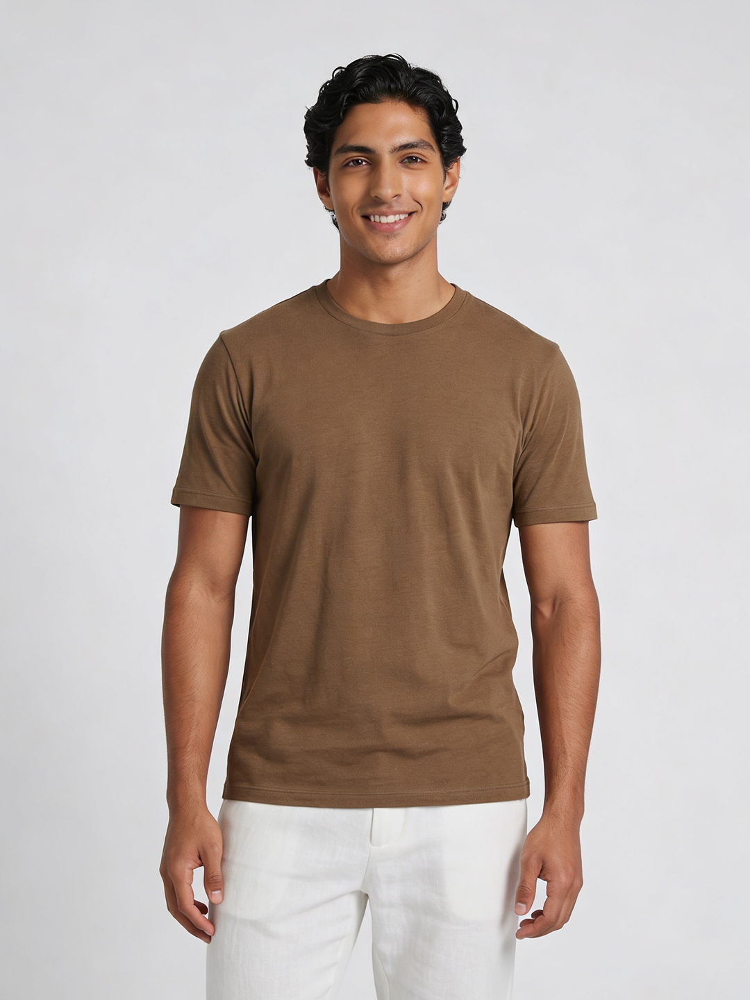Men's Khaki Cotton Bamboo Elastane Regular Fit Tshirt