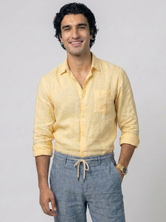 Men's Yellow 100% Linen Regular Fit Shirt