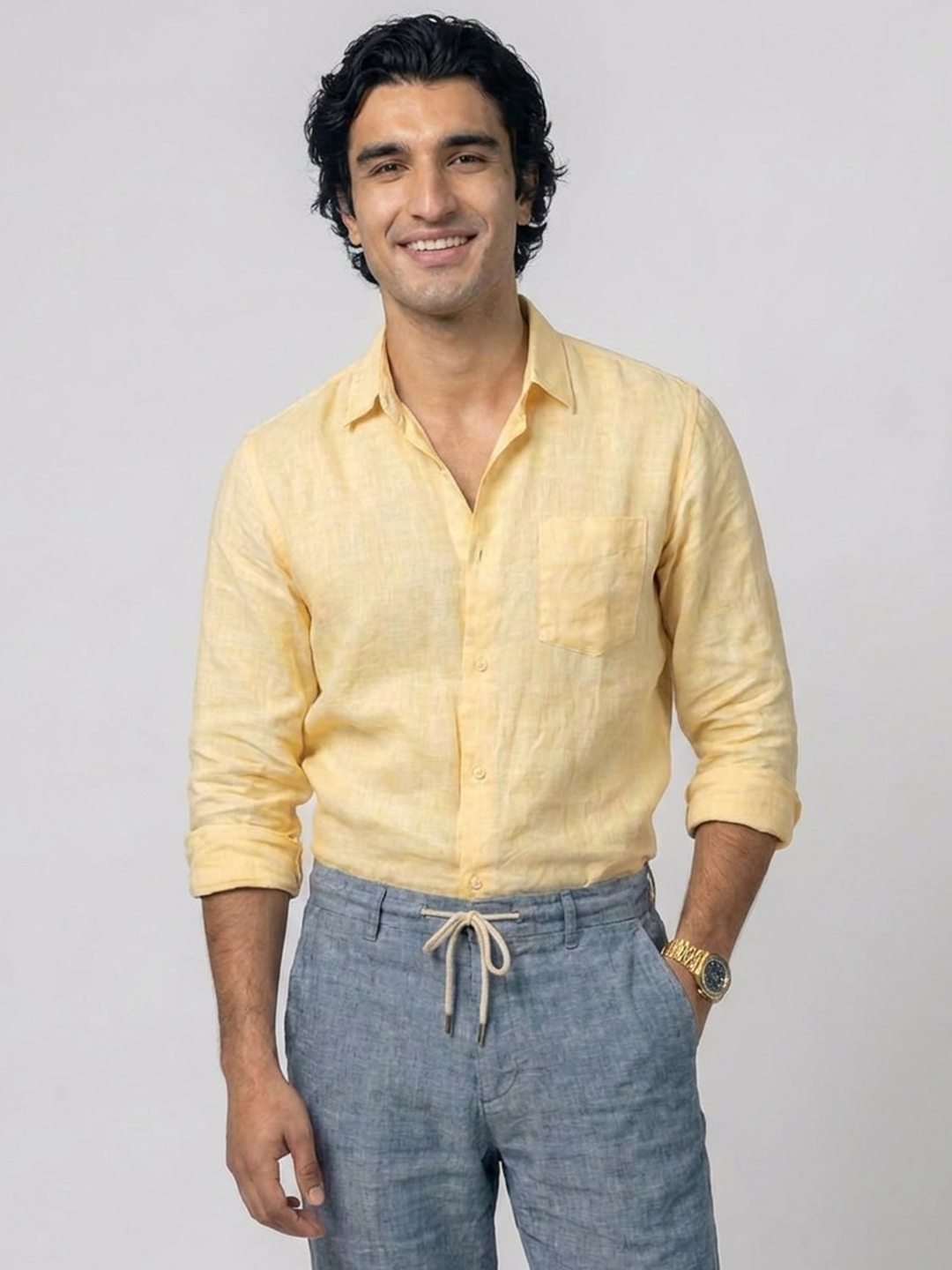 Men's Yellow 100% Linen Regular Fit Shirt