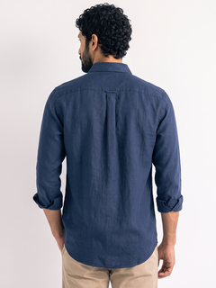 Men's Navy Cotton Linen Regular Fit Shirt