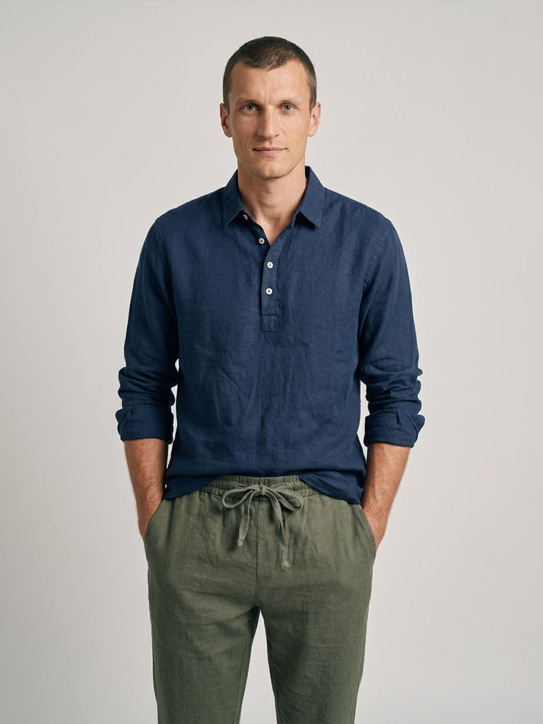 Men's Navy Linen Cotton Regular Fit Shirt