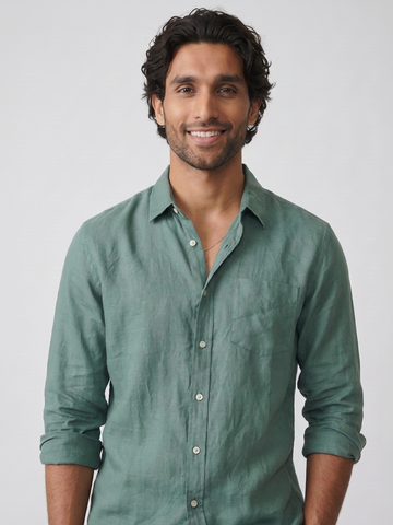 Men's Dk Green 100% Linen Regular Fit Shirt