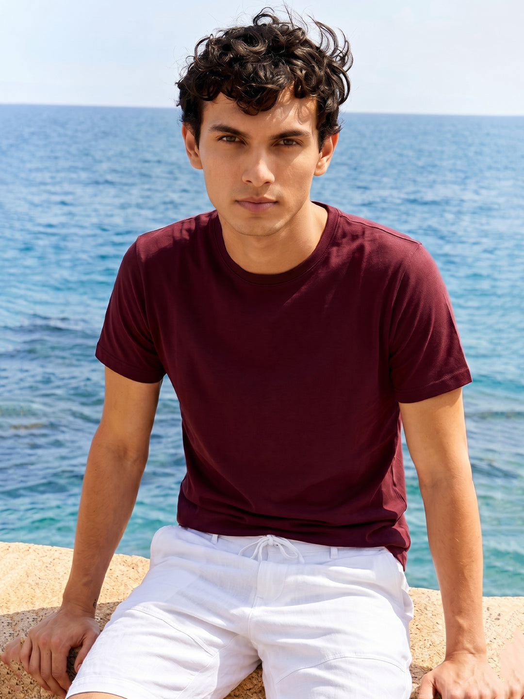 Men's Wine Cotton Bamboo Elastane Regular Fit Tshirt