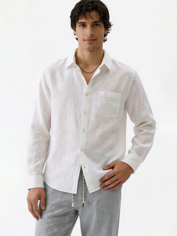 Men’s Linen Regular Fit Collared Shirt White