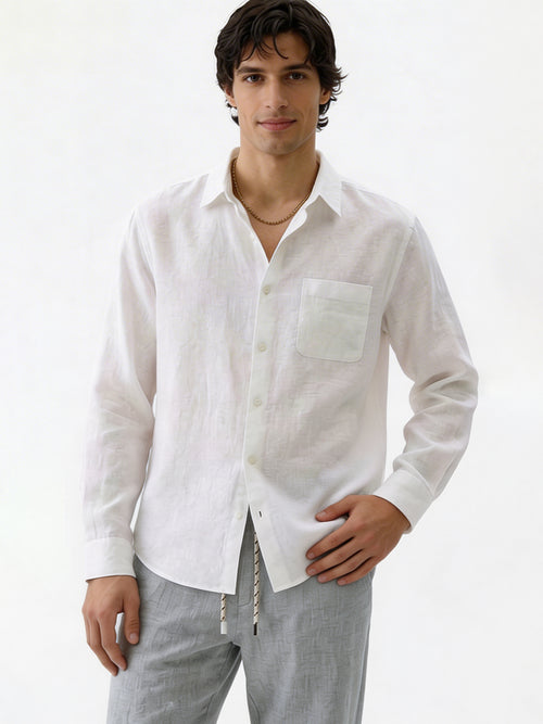 Men's 100% Linen Resort Collar Shirt White