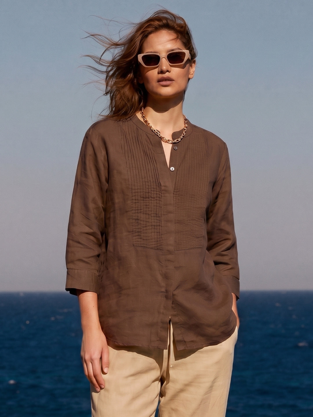 Women's Brown 100% Linen Regular Fit Blouse