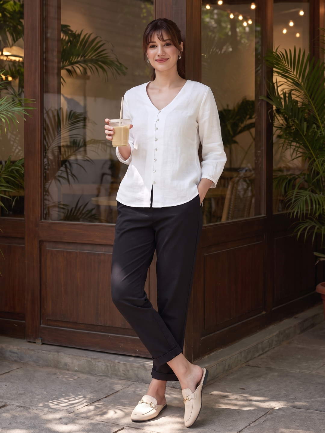 Women's White 100% Linen Regular Fit Blouse