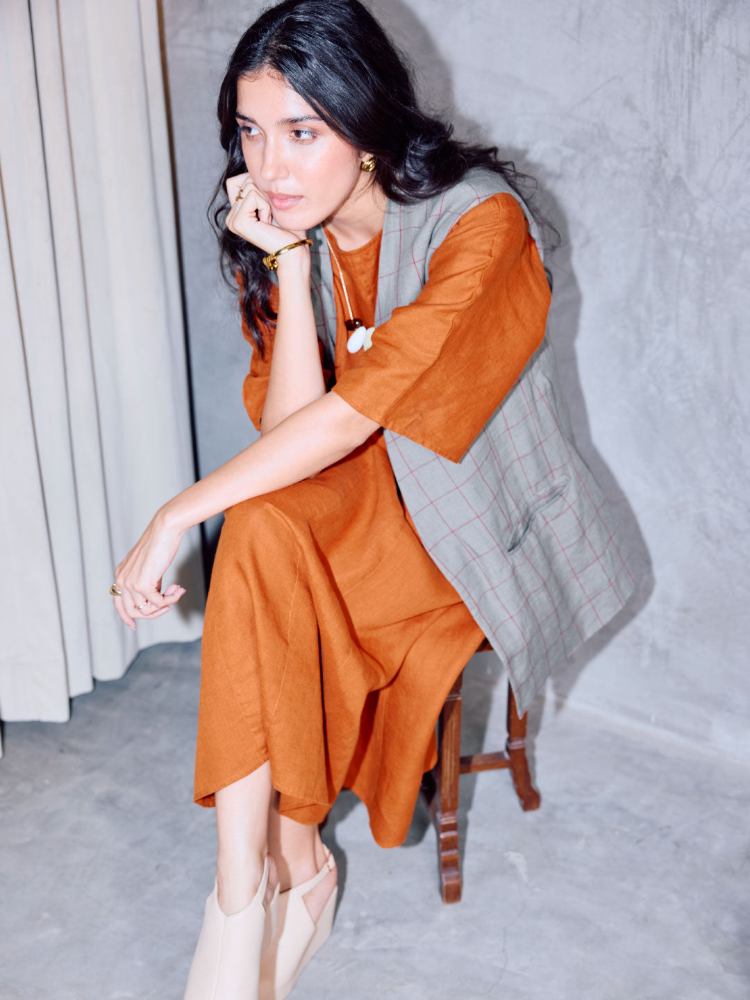 Women's Olive 100% Linen Boxy Fit Waistcoat