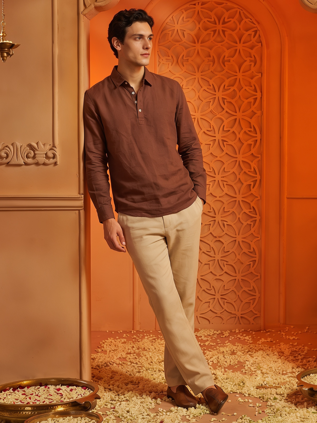 Men's Linen Full Sleeves Cotton Regular Fit Kurta Shirt Brown