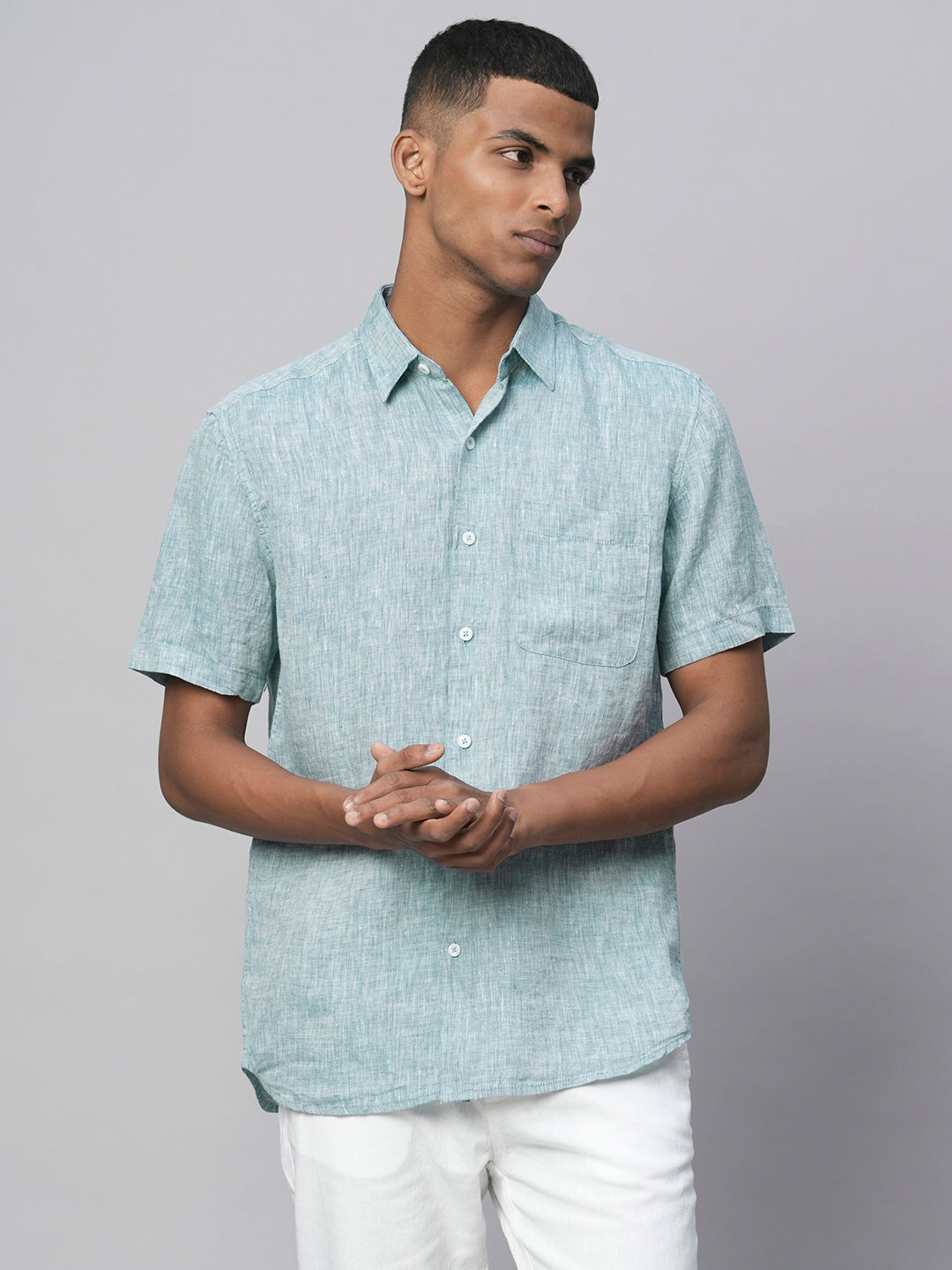 Men's Dark Blue 100% Linen Regular Fit Short Sleeved Shirt