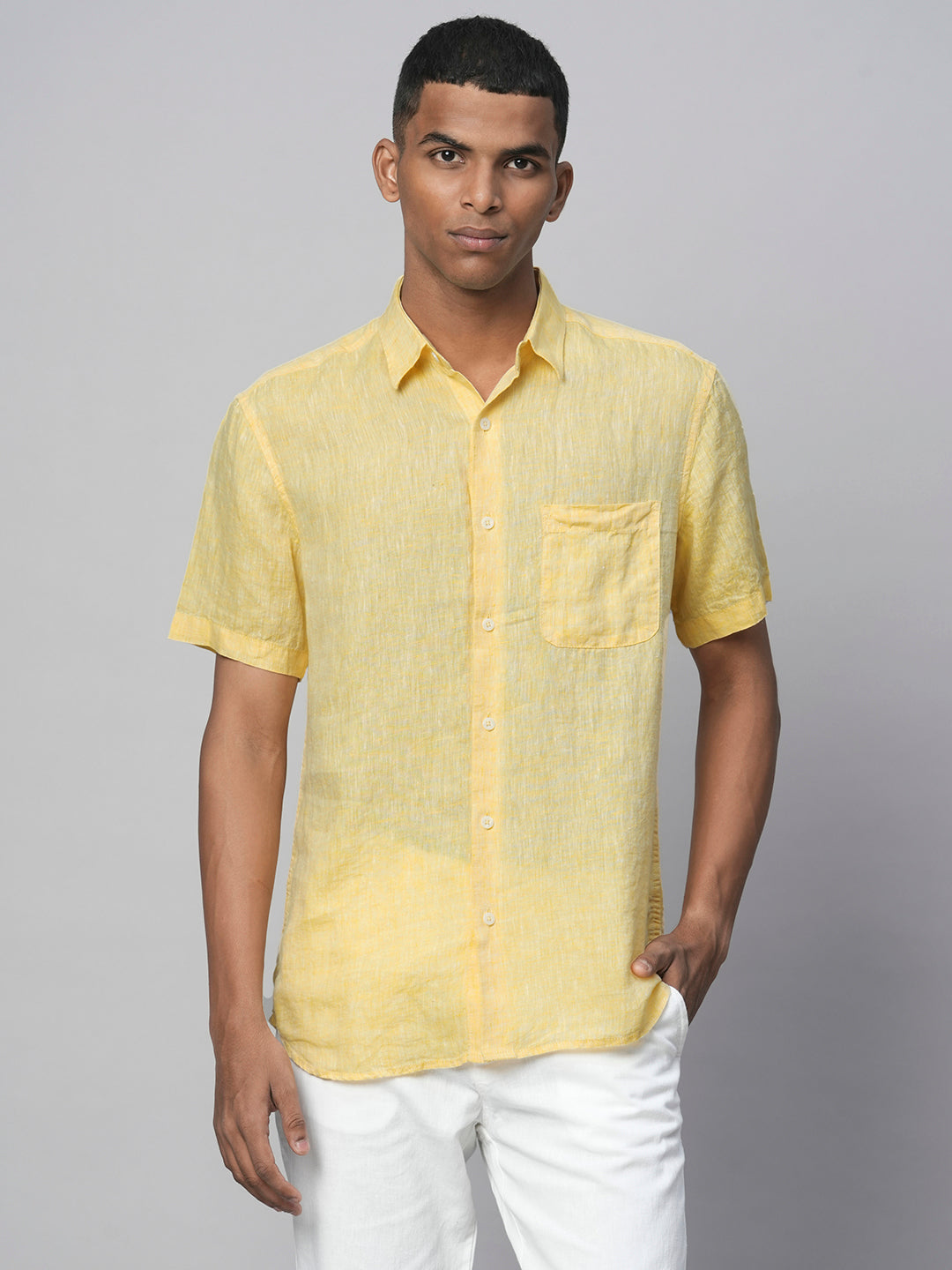 Men's Yellow 100% Linen Regular Fit Short Sleeved Shirt