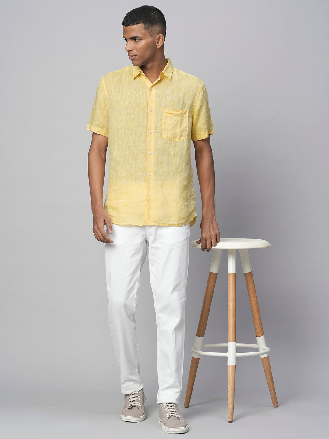 Men's Yellow 100% Linen Regular Fit Short Sleeved Shirt