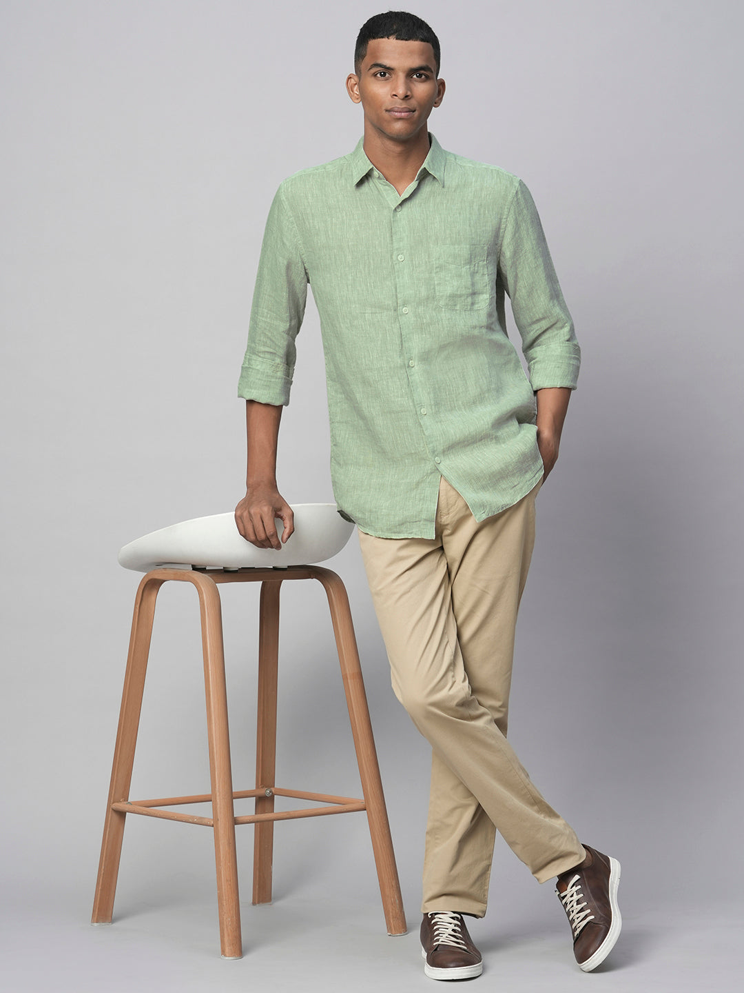 Men's Pista Green 100% Linen Regular Fit Long Sleeved Shirt