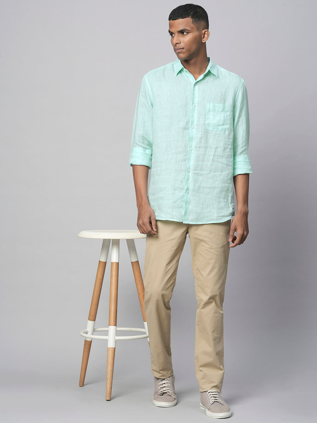 Men's Mint Green 100% Linen Regular Fit Long Sleeved Shirt