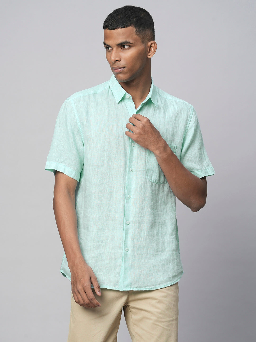 Men's 100% Linen Mint Green Regular Fit Short Sleeved Shirt