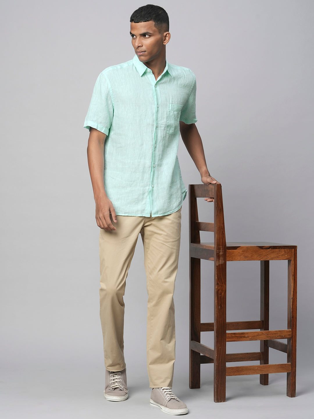 Men's 100% Linen Mint Green Regular Fit Short Sleeved Shirt