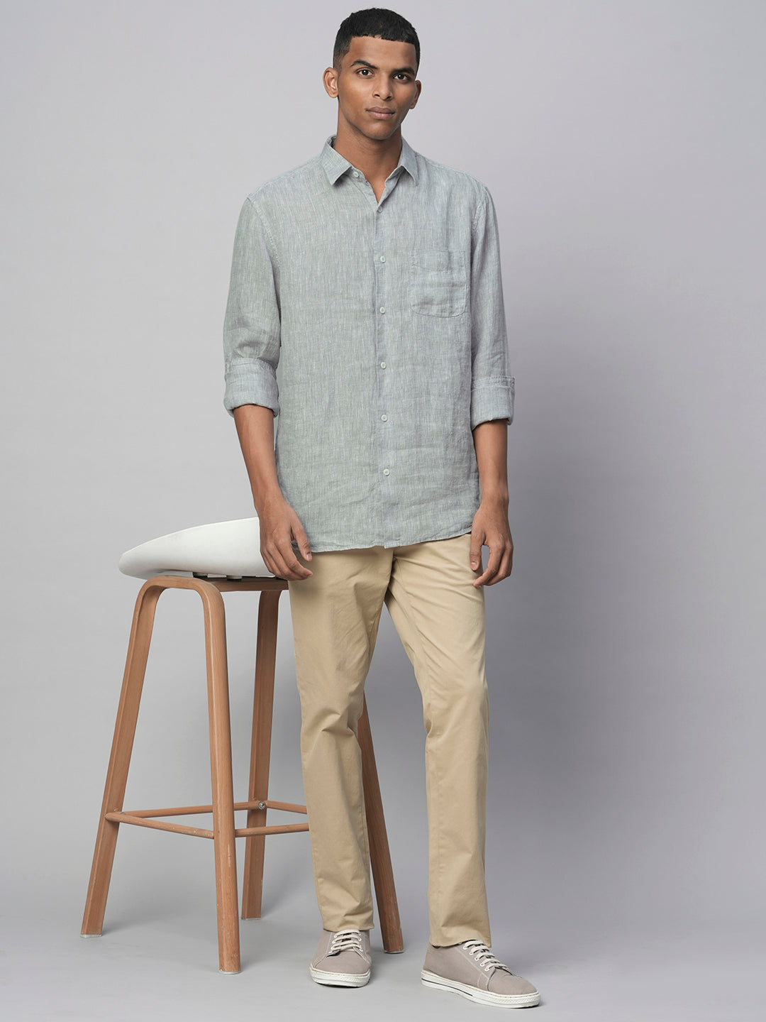 Men's Grey 100% Linen Linen Regular Fit Long Sleeved Shirt