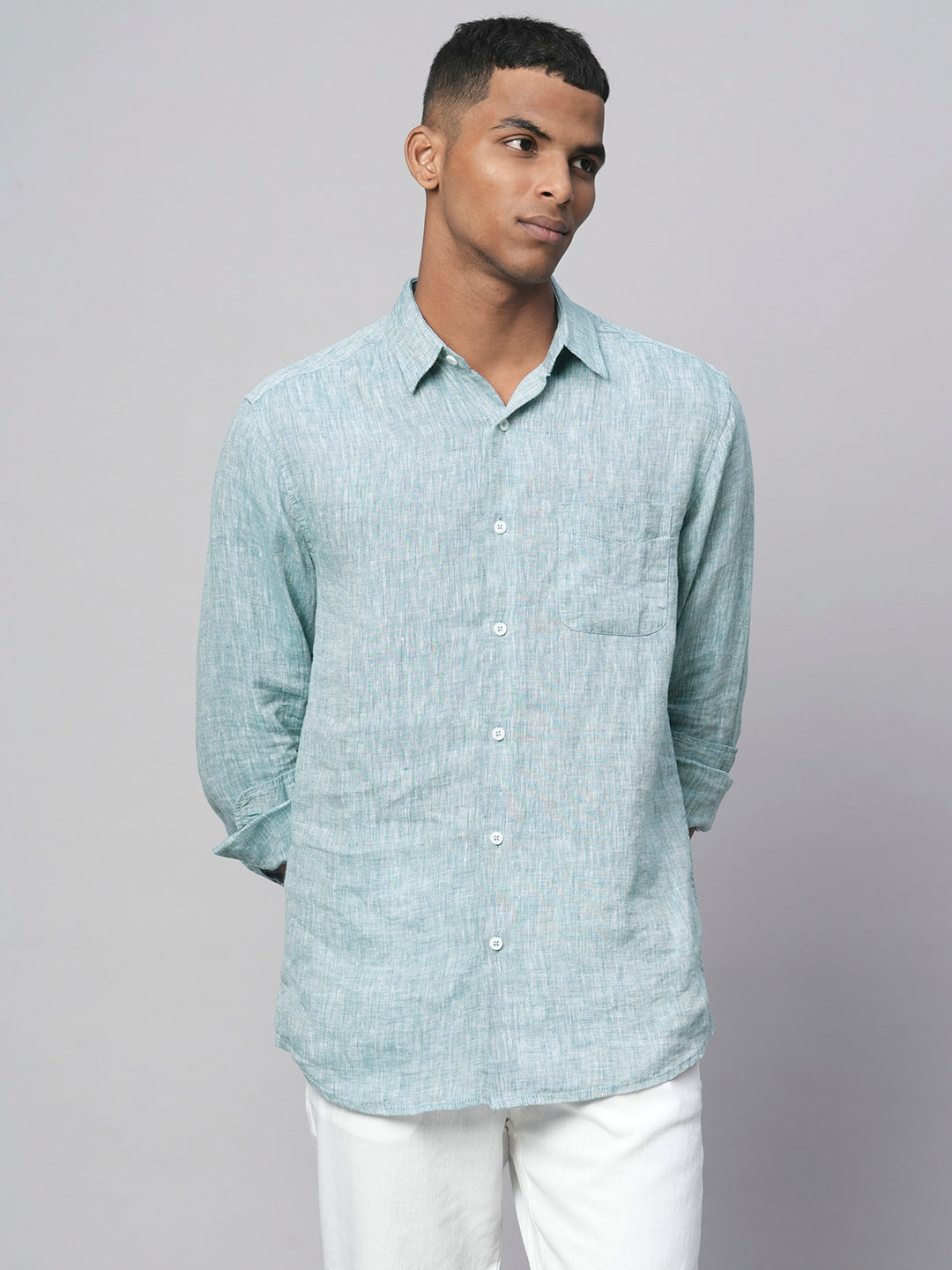 Men's Dark Blue 100% Linen Regular Fit Long Sleeved Shirt