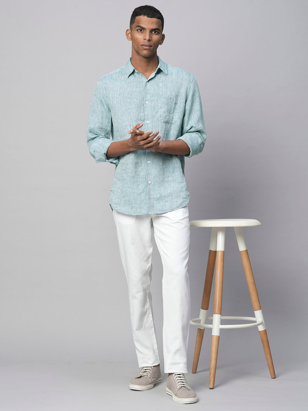 Men's Dark Blue 100% Linen Regular Fit Long Sleeved Shirt