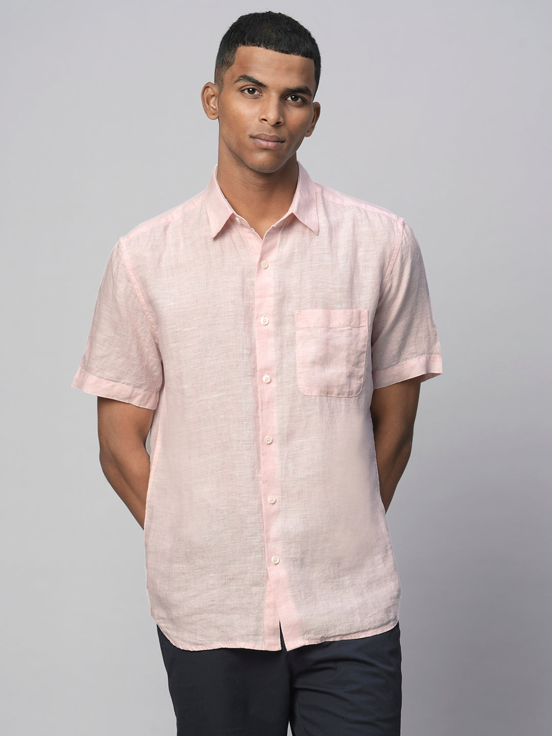 Men's 100% Linen Pink Regular Fit Short Sleeved Shirt