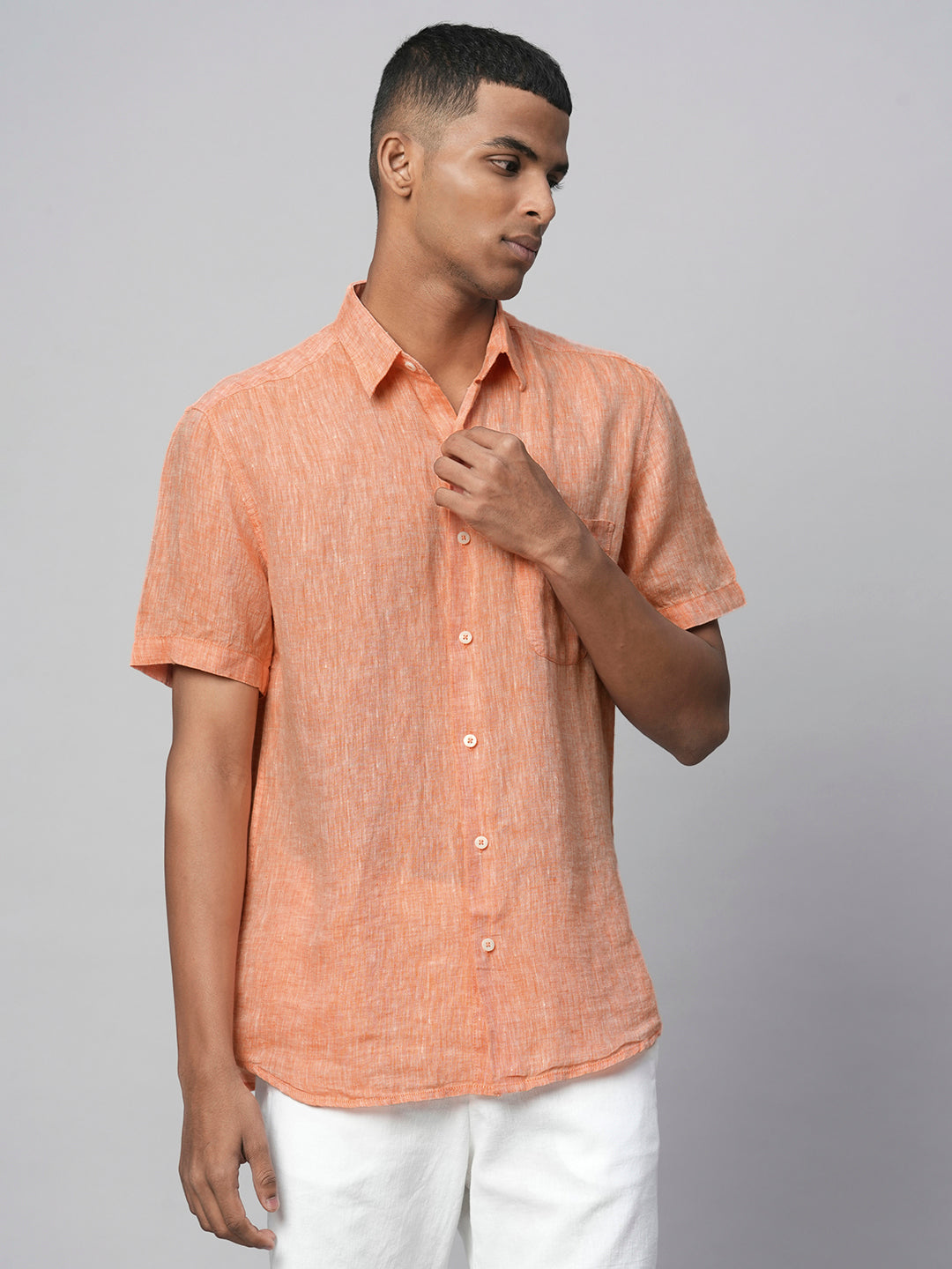 Men's Orange 100% Linen Regular Fit Short Sleeved Shirt
