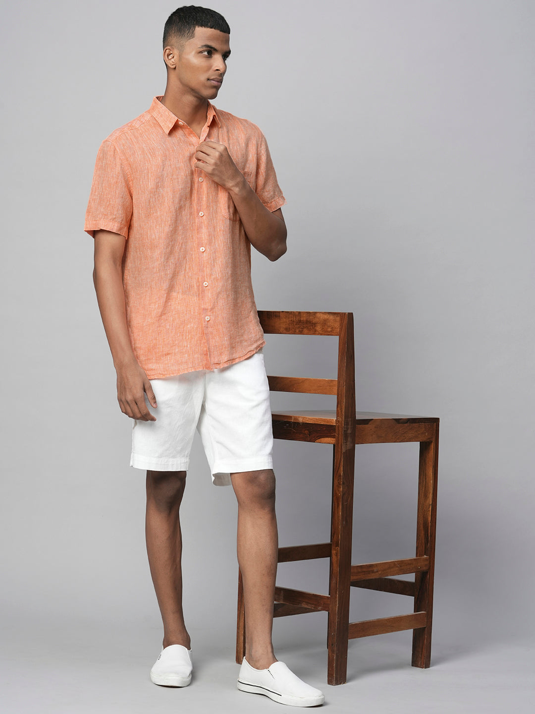 Men's 100% Linen Orange Regular Fit Short Sleeved Shirt