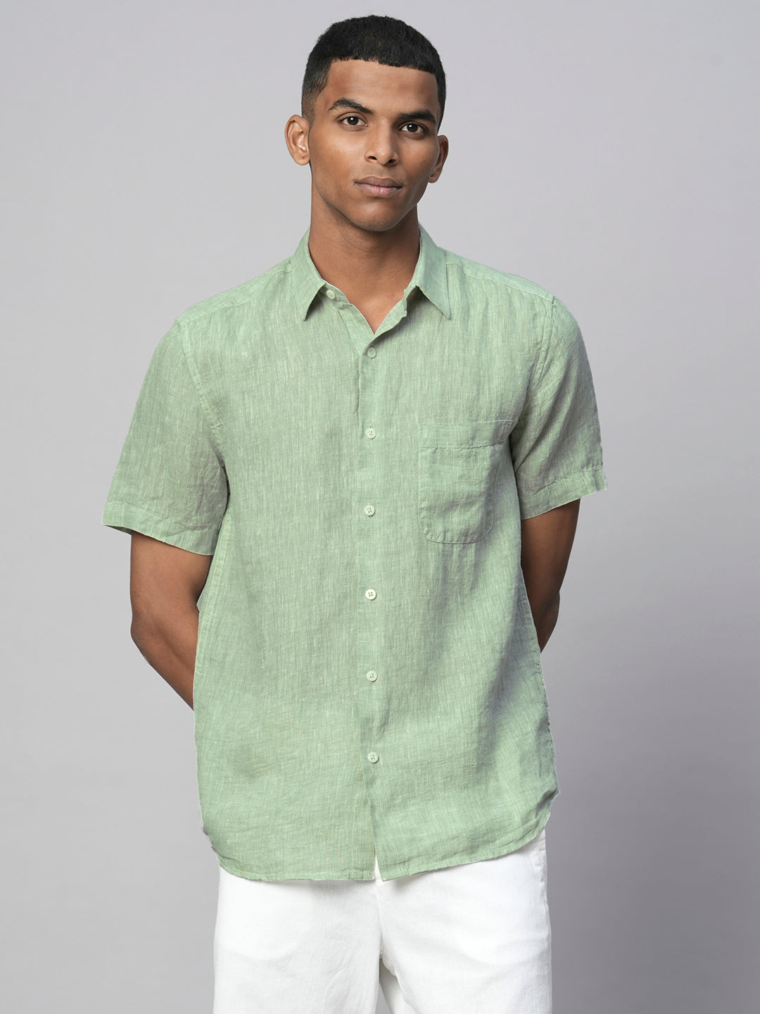 Men's Pista Green 100% Linen Regular Fit Short Sleeved Shirt
