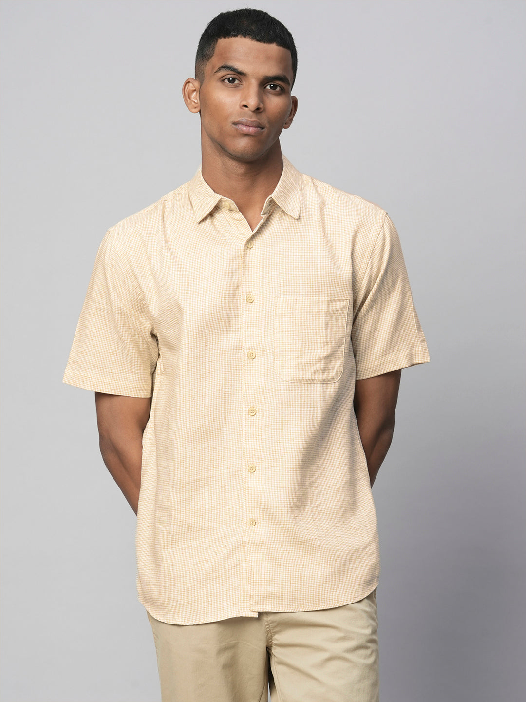Men's Khaki Cotton Regular Fit Checked Shirt