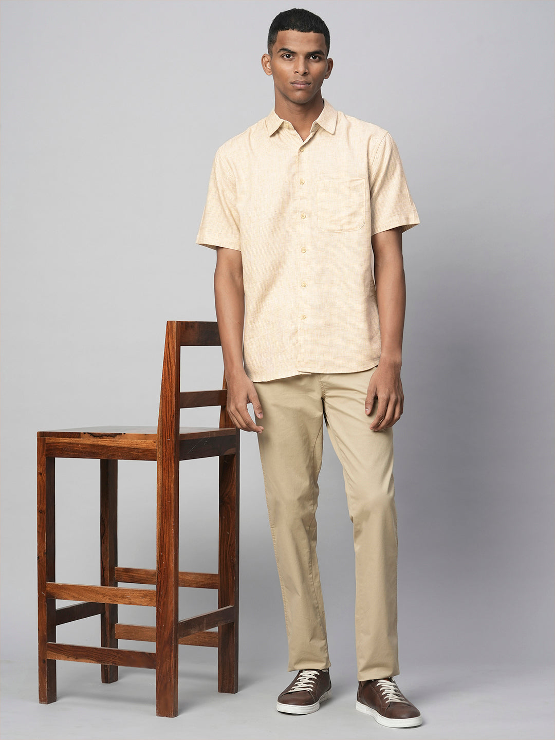 Men's Khaki Cotton Regular Fit Checked Shirt