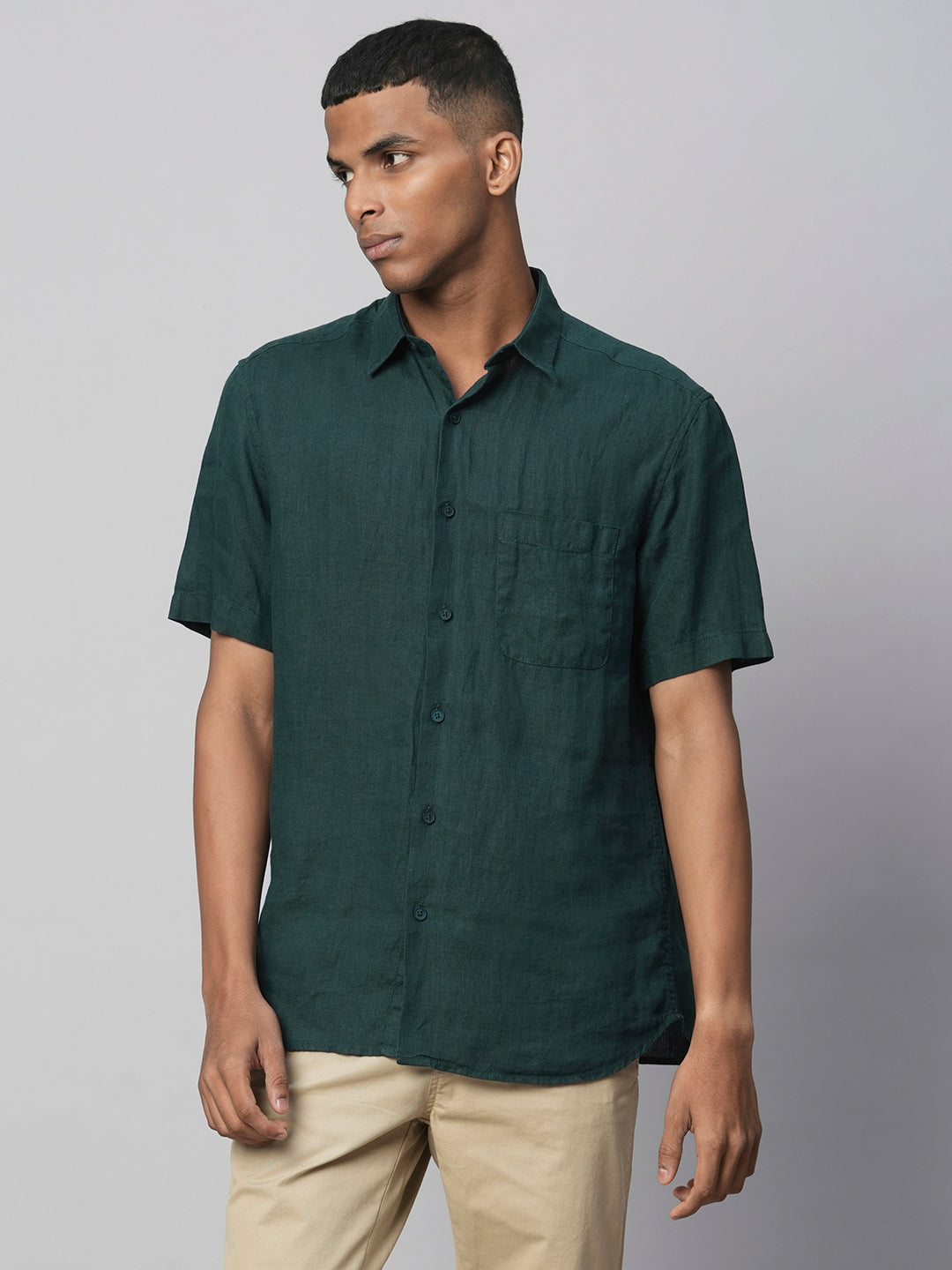 Men's Dk Green Linen  Regular Fit Shirt