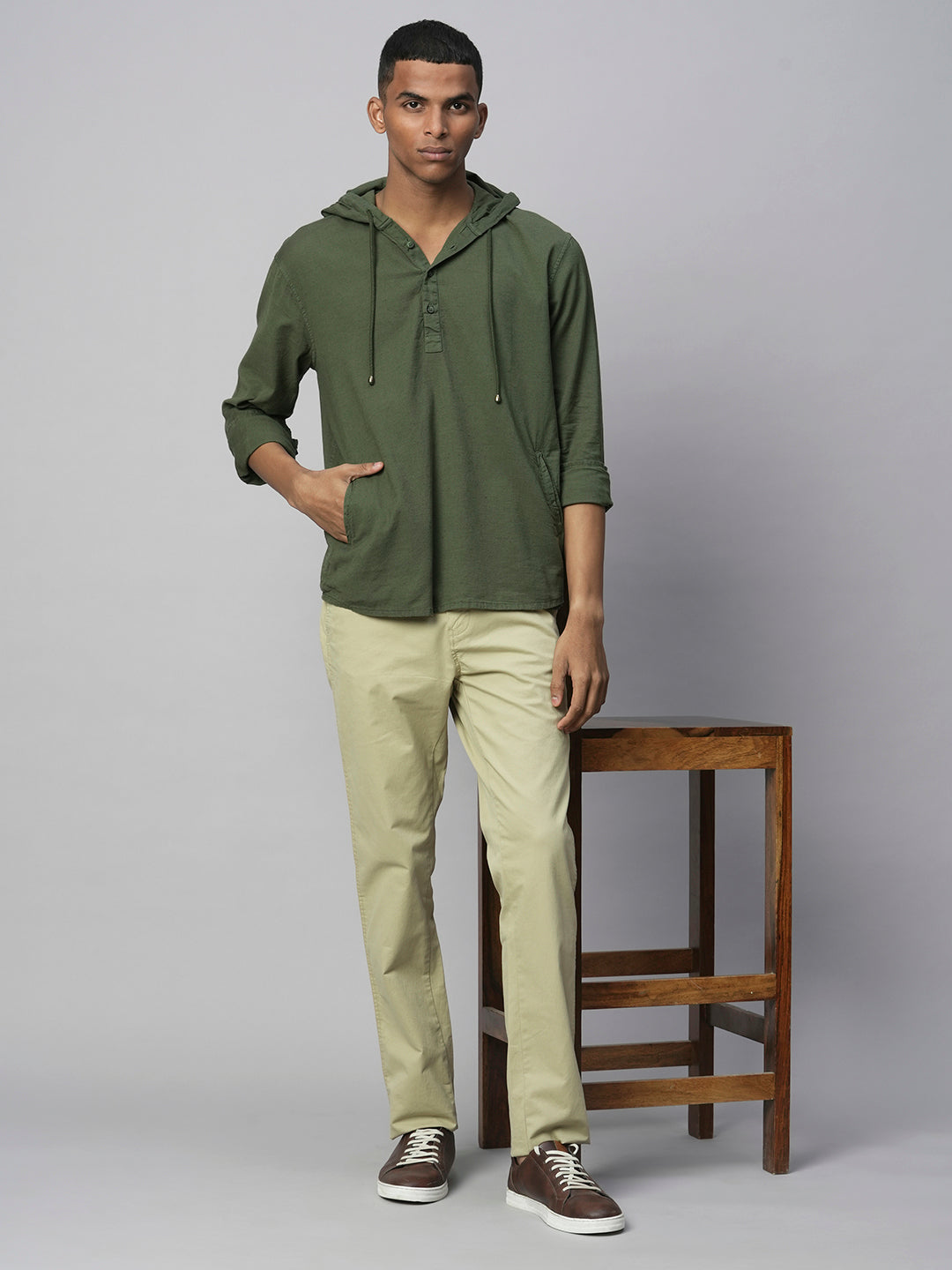 Men's Olive Hoodie Cotton Linen Long Sleeved Shirt